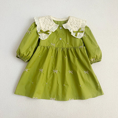 Outono 0-6 anos Vestido de Princesa para Meninas Roupas de Bebê Menina Gola Borboleta Roupas de Bebê Menina Peça Única Vestido Infantil Bordado