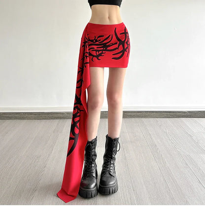 Y2K Millennium Graffiti High Waist Midi Skirt Women's Cool Unisex Asymmetrical Design Polyester Spandex Blend
