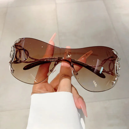 Y2K Rimless Luxury Brand Designer Sunglasses Women For Men One Piece Trendy Oversized Sun Glasses Metal Snake Pink Punk Shades