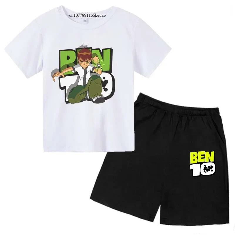 Kids Cartoon Ben Tennyson 10 Print Summer 2pcs Breathable Tees+Shorts Sports Suits 2-13Years Boys Girls Outfits Children Clothes