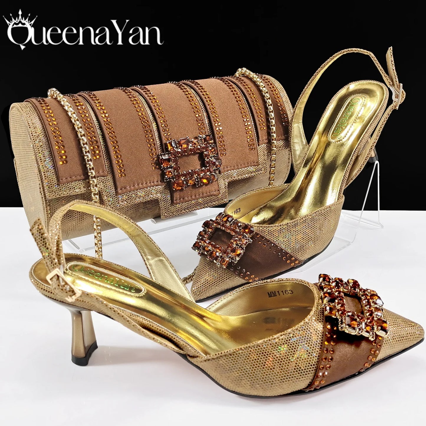 Elegant Noble Party Wedding Shoes And Bag Pointed Toe Decorated With Rhinestone Women Heel Shoes