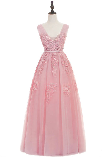 Gorgeous Pearl Pink Evening Dresses Illusion Strap Lace Appliques Square Neck V-Backless Gowns Slim A-Line Maxi Party Prom Dress