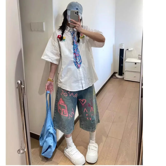 Casual Knee-Length Jeans with Colorful Drawing Fashion Shorts Pants