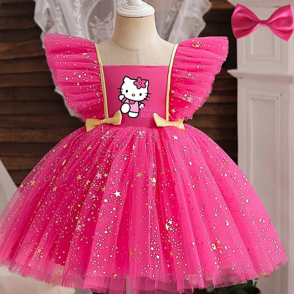 Princess Dress for Girls Sequined Star Ruffle Bow Tutu Gown Baby Formal Gala Prom Gown Kids Evening Party Costume