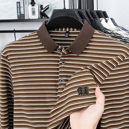 Men's Striped Long Sleeved T-shirt Polo Shirt Button Up Men's Stand Up Collar, Winter Double-sided German Velvet Base Shirt