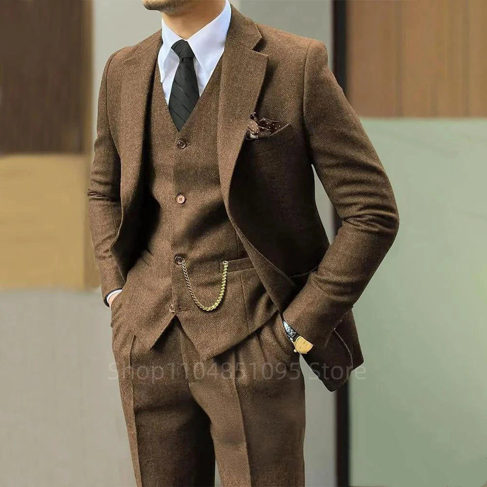 Black/Brown Men 3 Pieces Herringbone Suit Formal Business Tweed Groom Tuxedo for Men Wedding Men's Suit Jacket Vest Pants Set