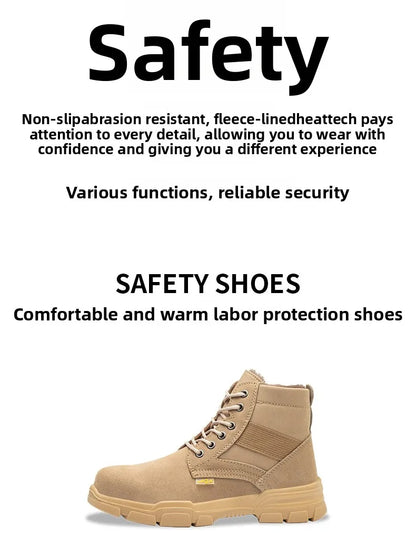 Men's Winter Wool Velvet Cotton Safety Work Shoes High Top Steel Toe Insulated Labor Protection Construction Shoes
