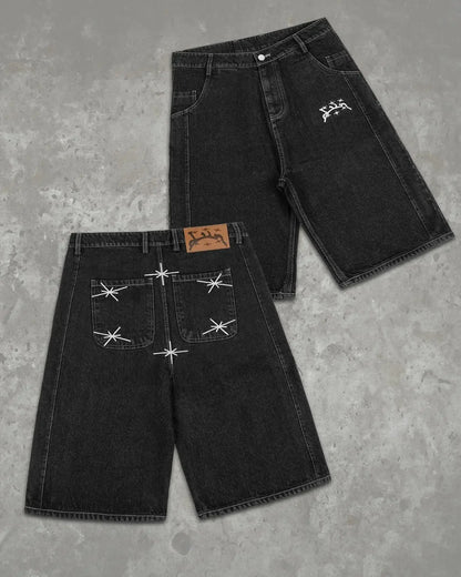 Y2k Retro Hip Hop New Divin Street Geometry Graphic Embroidery Baggy Denim Shorts Trendy Gym Basketball Shorts Men Women Jorts