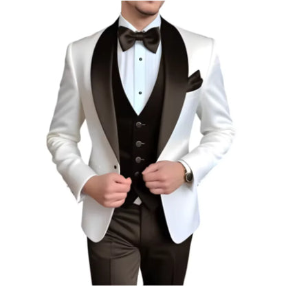 Solid Color Slim Fit Men's Tuxedo 3-Piece Set Fashion Business Wedding Suit with Shawl Lapel Blazer Vest Pants for Groom Party
