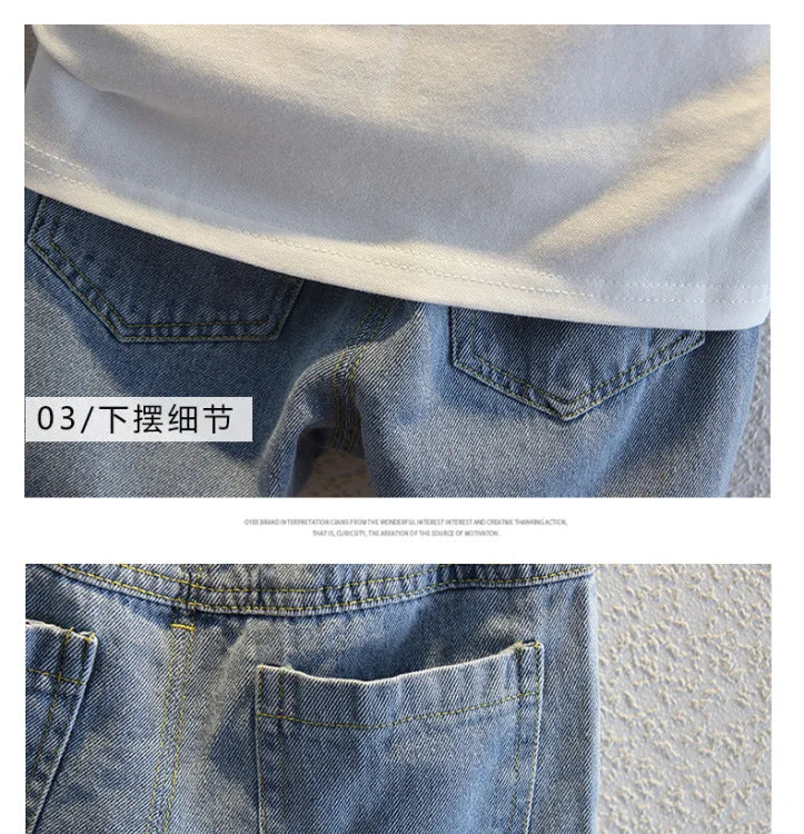2-10 Years Kids Boys Clothes Set Summer Short Sleeve Cartoon Print Lapel T-shirt And Denim Shorts 2PCS Children Tracksuit Outfit