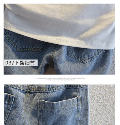 2-10 Years Kids Boys Clothes Set Summer Short Sleeve Cartoon Print Lapel T-shirt And Denim Shorts 2PCS Children Tracksuit Outfit
