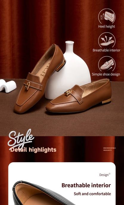 Women's Leather Loafers with Gold Lock Detail Square Toe Low Heel Penny Casual Office Slip-On Dress Shoes for Woman