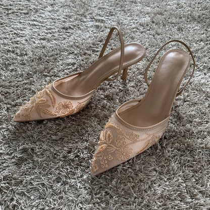 Fashion Sandals Women String Bead High Heels Mules Shoes Pointed Toe Slingback Slippers Women Zapatos De Mujer