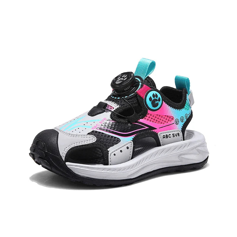 Kids Rotating Button Closed-Toe Sandals, Breathable Mesh Sport Shoes for Boys, Non-Slip Adjustable Summer Beach Sneakers