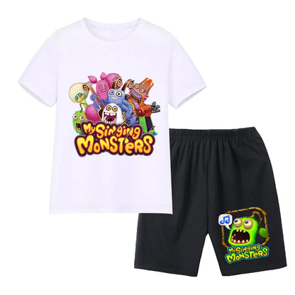 Summer Kids Cartoon Print Sport Clothing Suit Monsters Boys Casual Outfits Children Breathable T Shirt Pocket Shorts 2 Piece Set