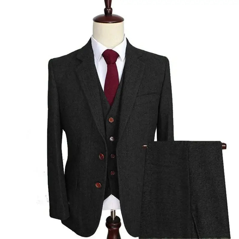 Men Suit 3 Pieces Army Green Tweed Formal Lapel Notch Regular Wedding Groom Banquet Work Tuxedos Set Jacket Vest With Pants