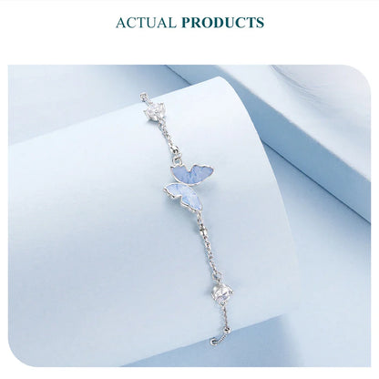 925 Sterling Silver Butterfly Charm Bracelet Lightweight CZ Beads Link Chain for Women Teens Gift Natural Wrist Decor