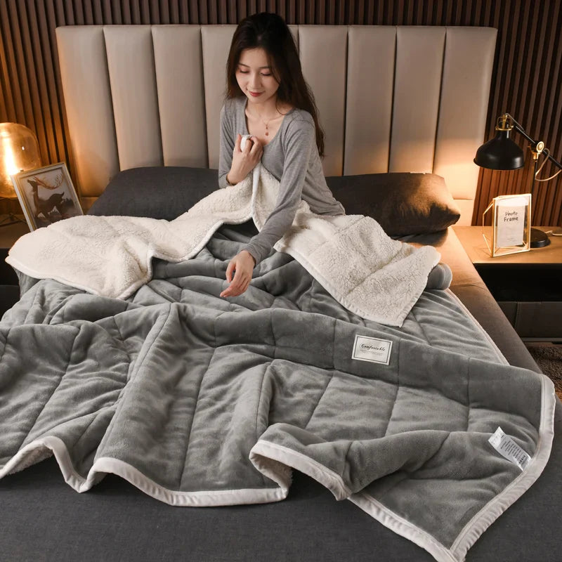 Super Soft Warm Throw Blanket Three-Layer Thick Velvet Solid Color Bedspread Coral Fleece Home Throws Adult Bed Cover Winter