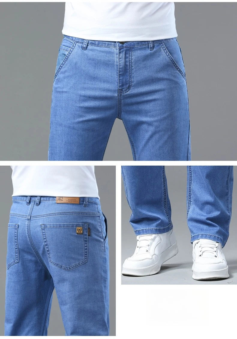 Men's Ice Silk Jeans Summer New Lyocell Thin Business Casual Denim Pants Classic All Match Slim Fit Straight Elastic Jean Male