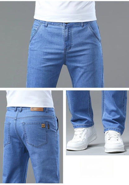 Men's Ice Silk Jeans Summer New Lyocell Thin Business Casual Denim Pants Classic All Match Slim Fit Straight Elastic Jean Male