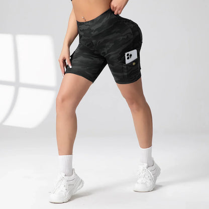 Camouflage Printed Women Shorts with Pockets Butt Lifting Tummy Tight Elastic Slim Outdoor Running Workout Shorts Streetwear