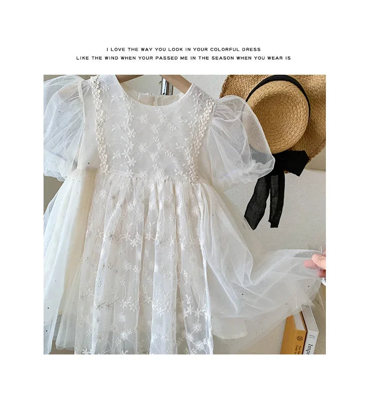 Kid Girl White Short Sleeve Dress Delicate Floral Embroidery Puff Mesh Sleeves and Tulle Overlay Skirt for Children Casual Wear
