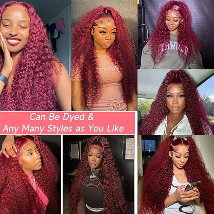 99J Burgundy Lace Front Wigs Human Hair 13x6 Deep Wave HD Lace Frontal Wigs Pre Plucked Human Hair Curly Wigs for Women 36 Inch