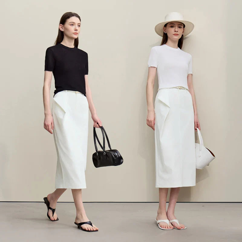 Women's Skirt 2026 Summer New Office Slit H-Line Midi Straight Casual Skirt Asymmetric Pleated Ladies Clothes 12642058