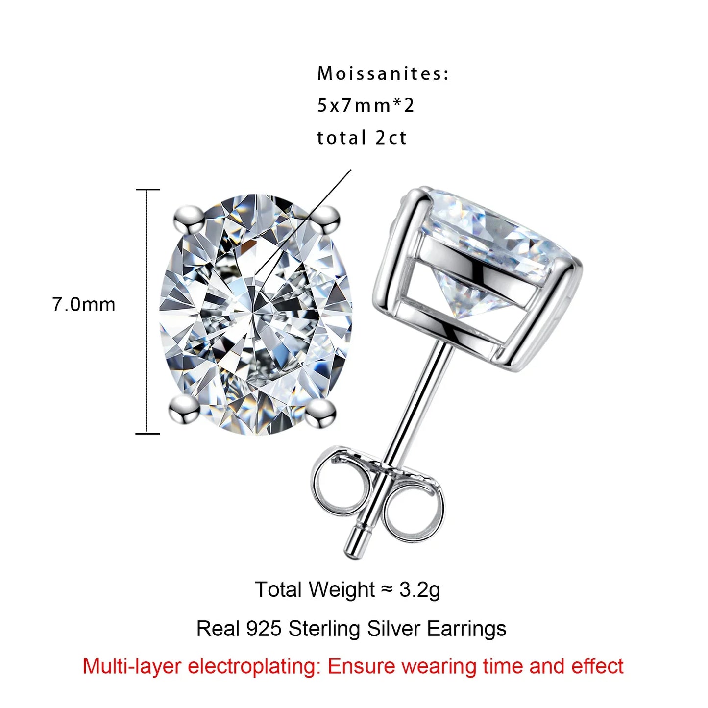 1cttw-6cttw Oval Moissanites Earrings 925 Sterling Silver D Color VVS1 Moissanite Classic Stud Earrings for Woman