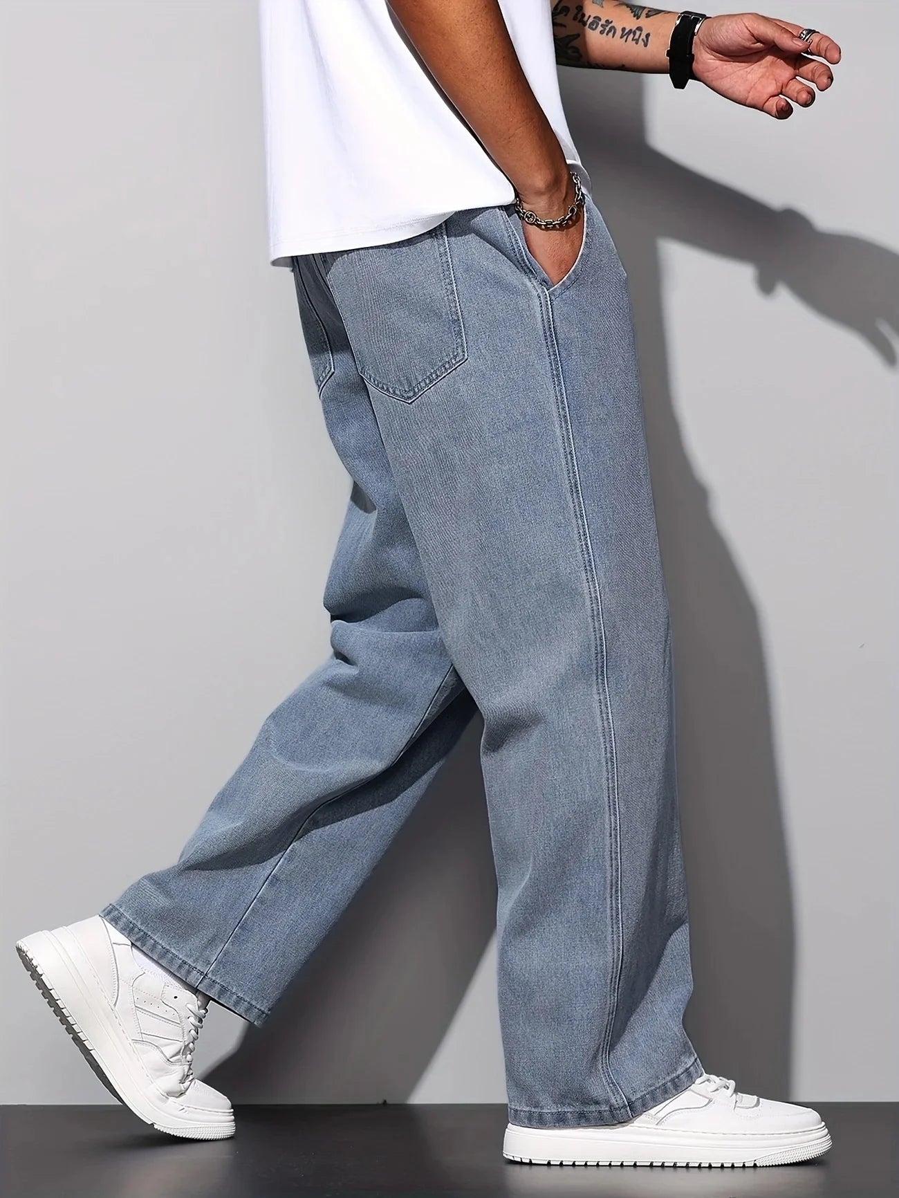 Calça Jeans Masculina Reta Casual, Calça Jeans Solta, Lavável à Máquina e à Mão, Uso em Todas as Estações, Uso Diário, Estilo Urbano