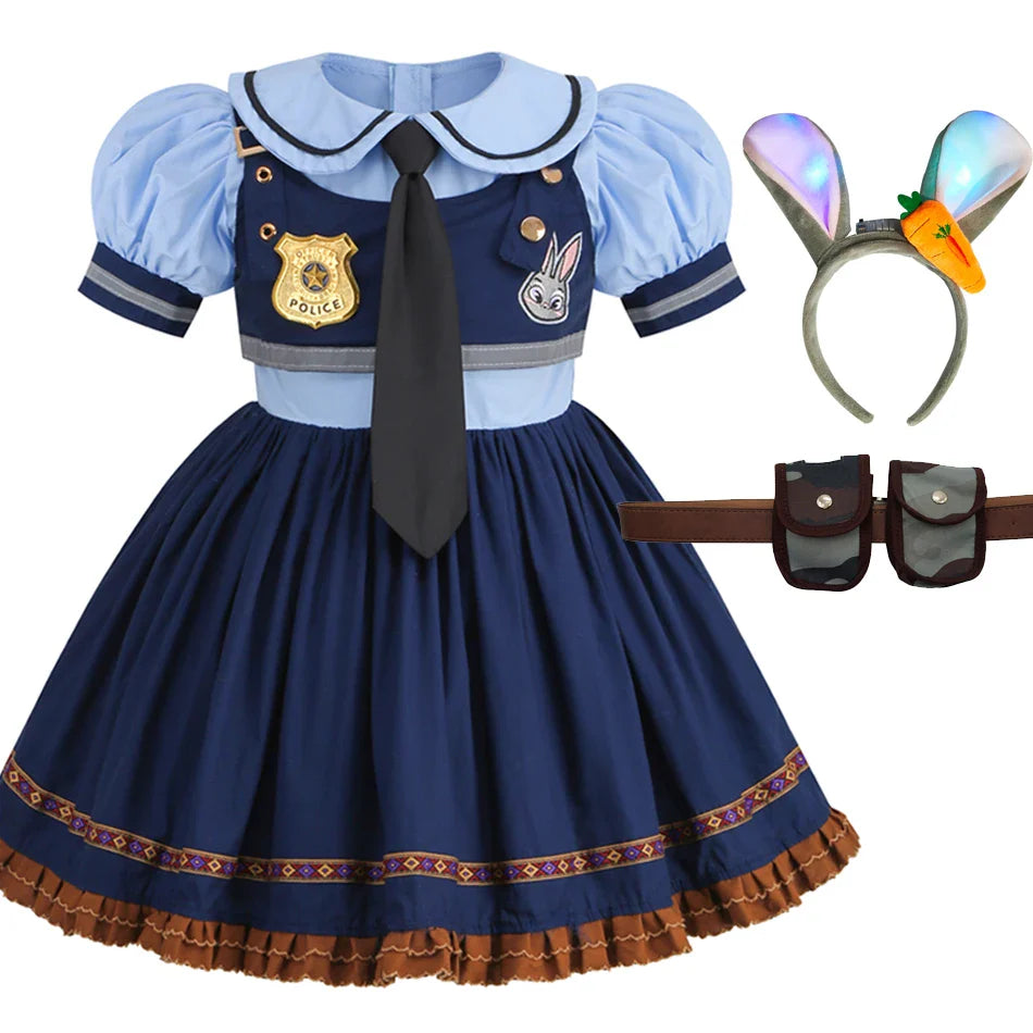 Judy Cosplay Costume Kids Carnival Party Dress Girls Tie Headdress Belt Socks Sets Police Role Play Movie Uniform Birthday Gift