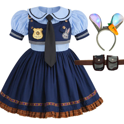Judy Cosplay Costume Kids Carnival Party Dress Girls Tie Headdress Belt Socks Sets Police Role Play Movie Uniform Birthday Gift