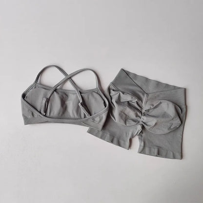 2PCS Women's High Waist Seamless Yoga Gym Set Sports Bra Top with Scrunch Shorts Fitness Workout Sportswear