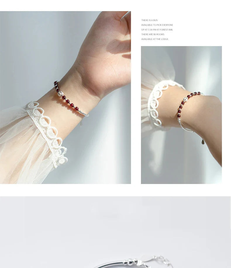 Natural Garnet Little Balls Sterling Silver 925 Bracelet for Women Link Chain Bracelet Ethnic Style Original Fine Jewelry