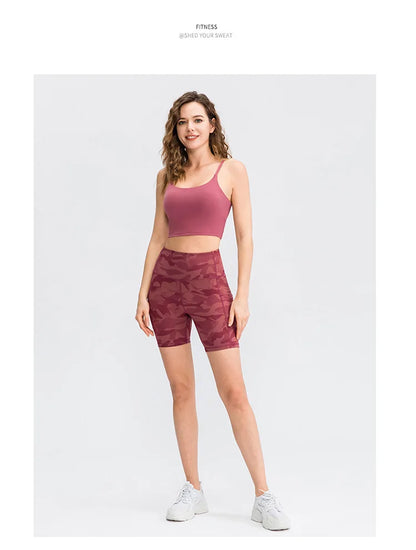 Women's printed nude yoga shorts with pockets skin-friendly tight stretch quick-drying sports fitness hiking running shorts