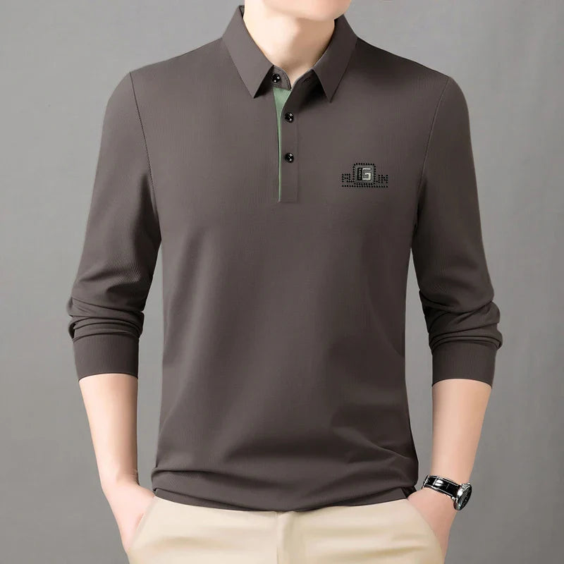 High End Brand Quality Men's Polo Shirt Autumn Exquisite Solid Color Letter Print Lapel Long Sleeve Business Classic Menswear
