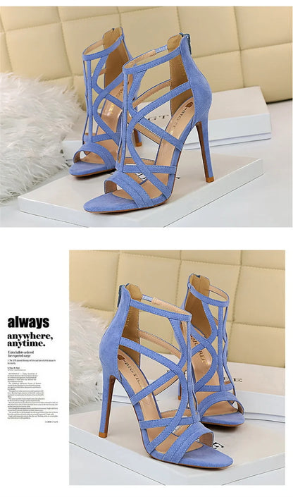 Women Roman Style Thin High Heels Pumps Pointed Toe Suede Hollow Strap Party Shoes Solid Ankle Zip Summer Sandals
