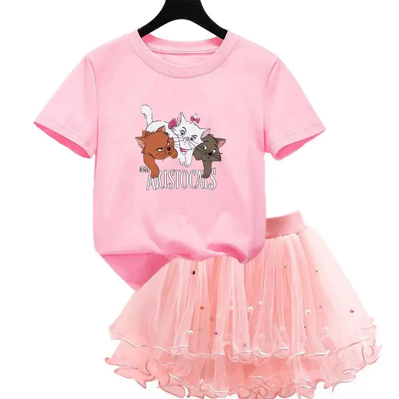 The Aristocats Marie Cat 2Pcs/Set Girl Dress Kid Birthday Clothes Party Princess Dress T-shirt+Tutu Skirt Summer Christmas Gift