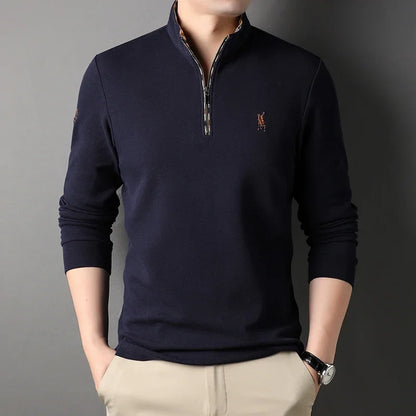 Luxury new Half Zipper Long Sleeve T-shirt 100% Cotton Brand Embroidered Stand Collar Men's Clothing Autumn Casual polo shirt