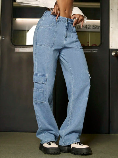 Y2K Trendy Women Cargo Jeans Street Flap Pockets Side Knot Hem Baggy