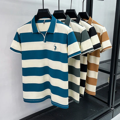 High End Embroidered Polo Shirt for Men, 2026 New Summer Striped Men's Short Sleeved T-shirt, Pure Cotton Lapel Half Sleeved Top