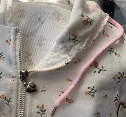 Y2k Hoodies Green Kawaii Cat Floral Print Hooded Zip-up Woman Sweatshirts Pink Thin Jacket Spring Fall Clothes Cute Streetwear
