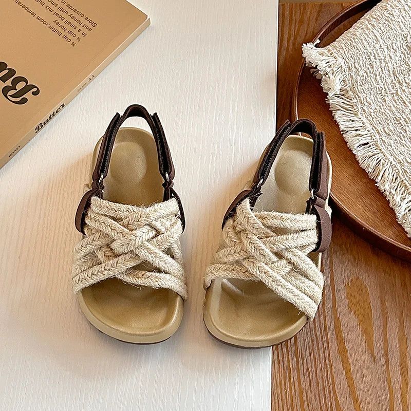 Children's Boho Braided Sandals Summer New Boys Girls Casual Shoes for Outdoor Daily Wear Open-toe Kids Platform Beach Sandals