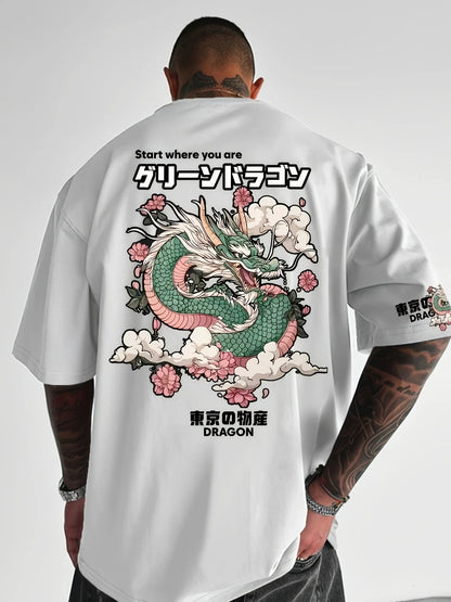 Japan Dragon Print Harajuku Y2K Men Women T-shirt Outdoor Street Casual Trendy Loose Sport Comfort Versatile Short-sleeve Summer