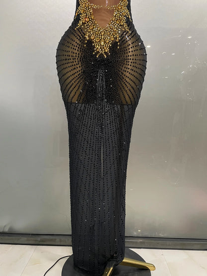 Sexy Sparkly Rhinestones Sleeveless Long Dress 2025 New Women Birthday Celebrate Evening Photo Shoot Stage Performance Costume