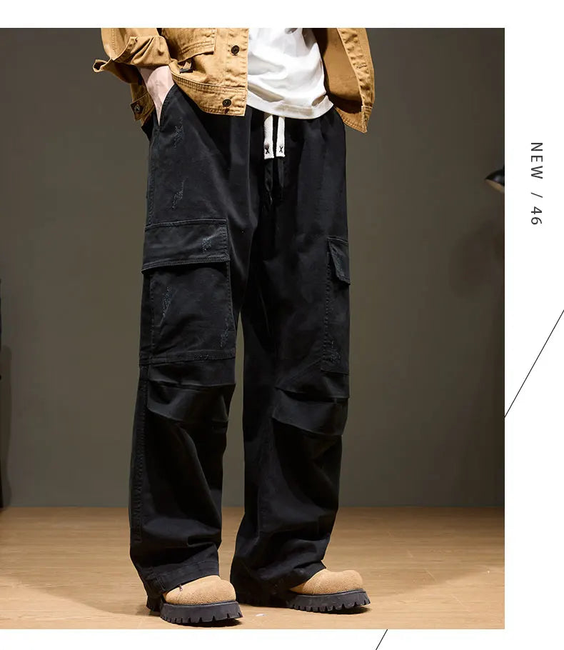 Men's Baggy Cargo Pants with Pockets 100% Cotton Drawstring Elastic Waist Wide Leg Outdoor Casual Pants Plus Size 8XL