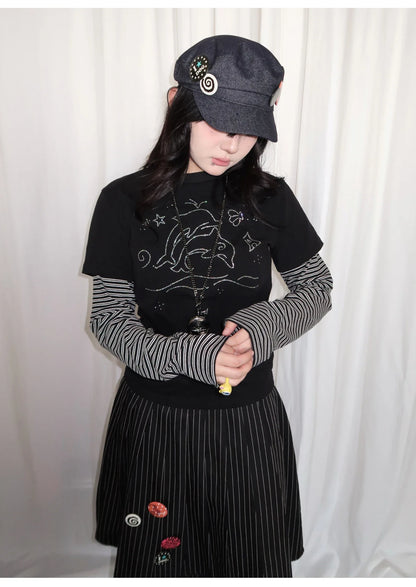 Y2k Vintage T-shirt Women Long Sleeve Patchwork Japanese 2000s Grunge Tops Streetwear American Retro Print Graphic Tops