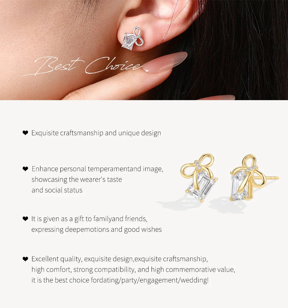 New Bow Earrings Emerald Cut Moissanite Stud Earrings S925 Silver Elegant Dainty Anniversary Wedding Jewelry for Women