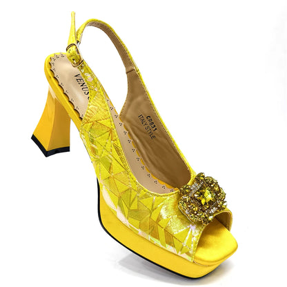 Elegant Women Heels for Peep Toe Good Material Design Rhinestone Fuchsia Sandals Italian Shoes and Bags Matching Set 2025