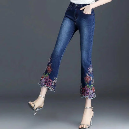 Women Embroidery Flowers Flare Jeans